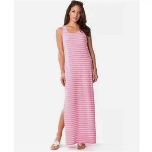STS Sail to Sable Pink White Stripe Maxi Dress Tank Style Side Slit Size M